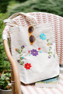  Cotton, Handmade, Purposeful tote bag. Sustainable and hand embroidered by refugee moms.