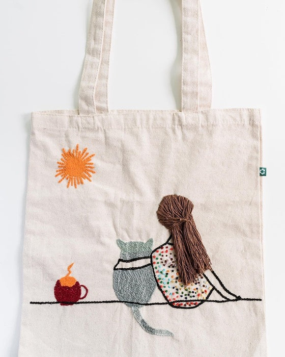 Cotton, Handmade, Purposeful tote bag. Sustainable and hand embroidered by refugee moms.