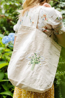  Cotton, Handmade, Purposeful tote bag. Sustainable and hand embroidered by refugee moms.