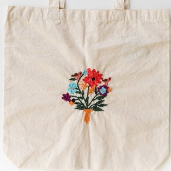 Cotton, Handmade, Purposeful tote bag. Sustainable and hand embroidered by refugee moms.