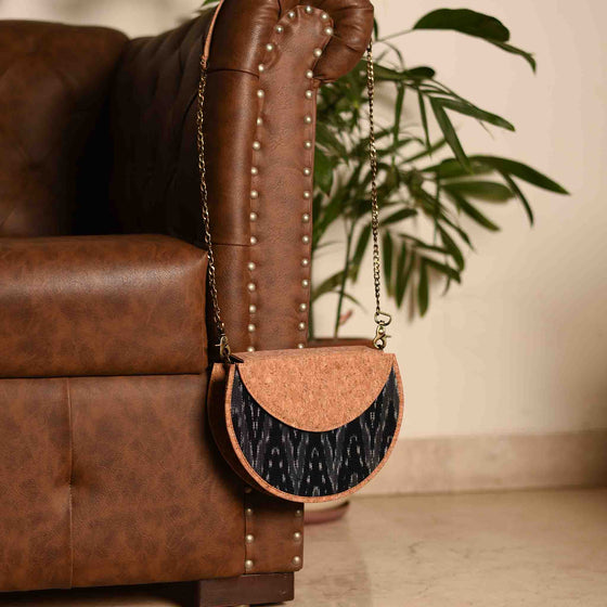 Brown Vegan Leather & Black Ikat Weave Moon Sling