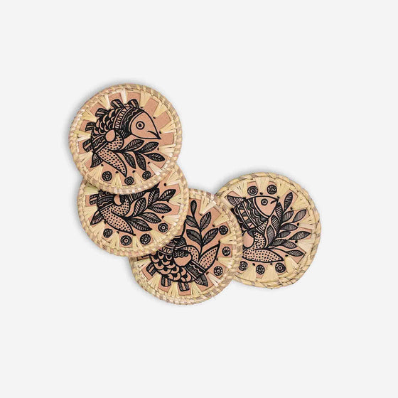 Madhubani Moonj Coasters (Set of 4) Natural Fish