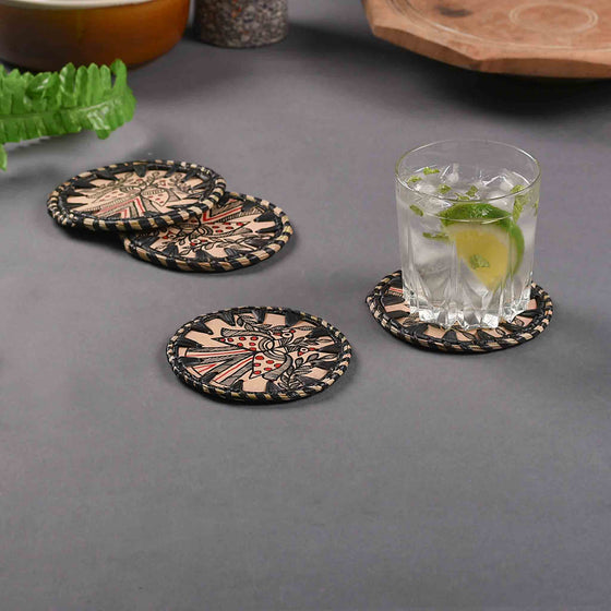 Madhubani Moonj Coasters (Set of 4) Black Bird