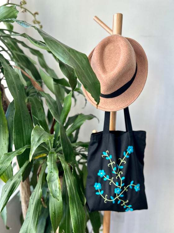 Cotton, Handmade, Purposeful tote bag. Sustainable and hand embroidered by refugee moms.