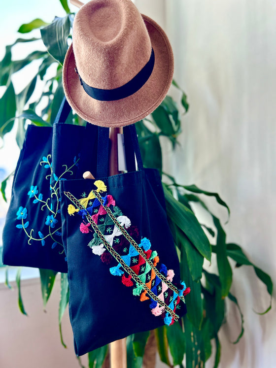 Cotton, Handmade, Purposeful tote bag. Sustainable and hand embroidered by refugee moms.