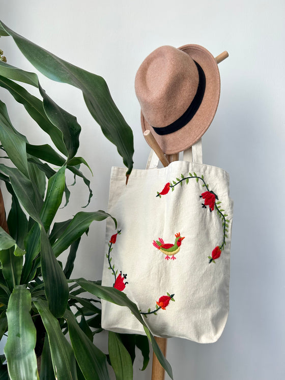 Cotton, Handmade, Purposeful tote bag. Sustainable and hand embroidered by refugee moms.