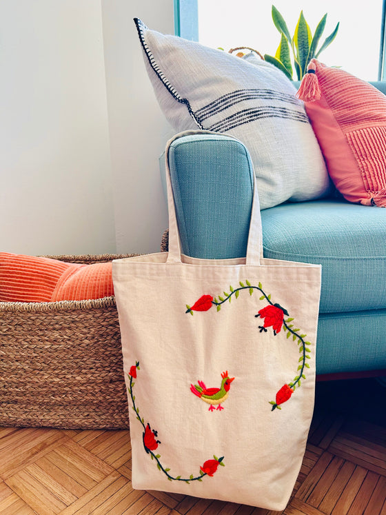 Cotton, Handmade, Purposeful tote bag. Sustainable and hand embroidered by refugee moms.