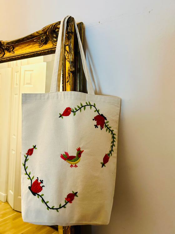 Cotton, Handmade, Purposeful tote bag. Sustainable and hand embroidered by refugee moms.