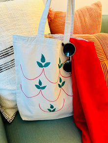  Cotton, Handmade, Purposeful tote bag. Sustainable and hand embroidered by refugee moms. 